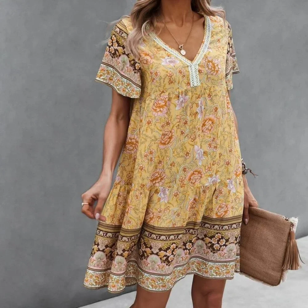 Yellow multi print Floral Smock Dress - Picture 1 of 6